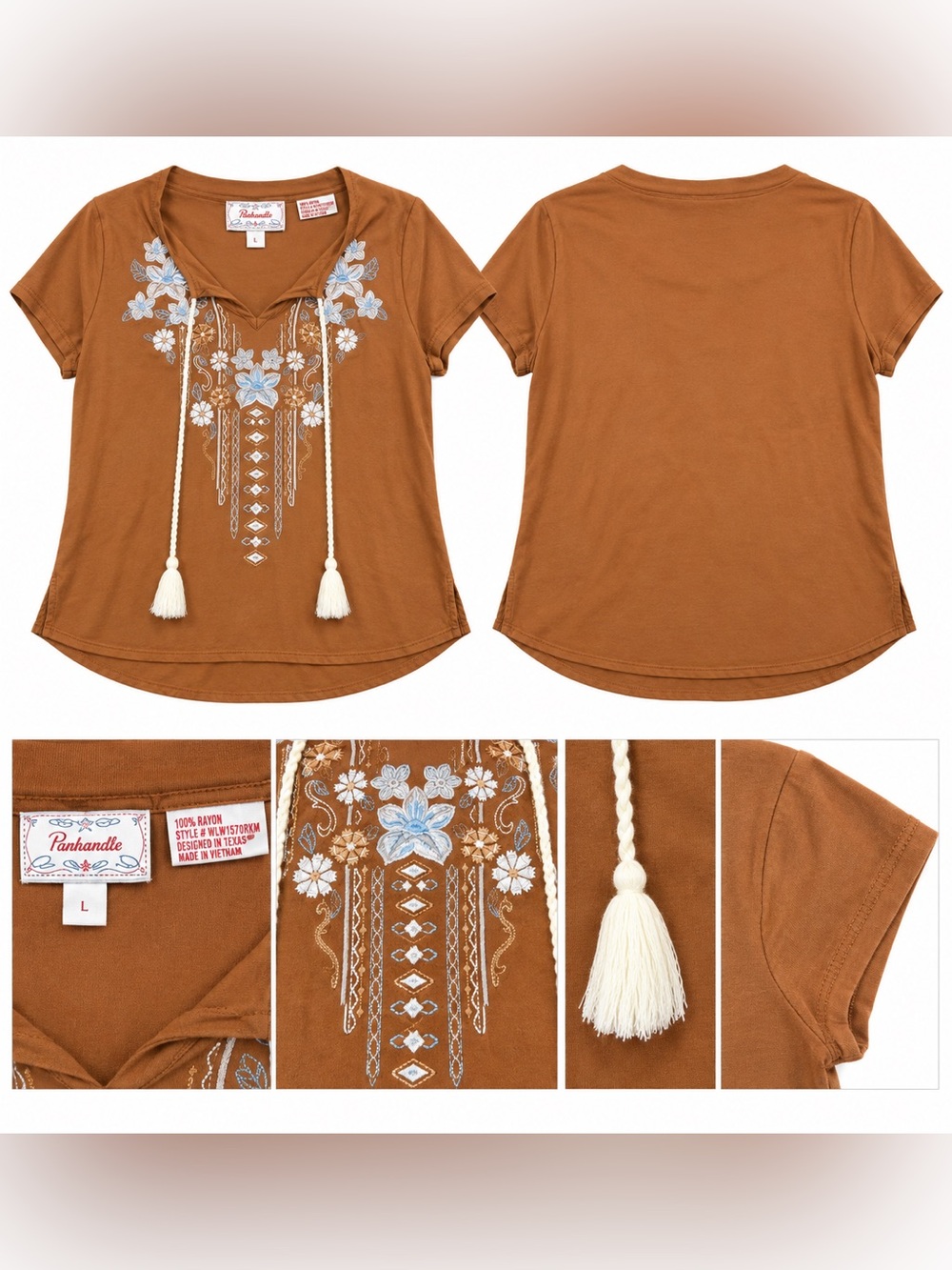 Red Camel Rust Short Sleeve Embroidered Tassel V-Neck Top with Blue Accents